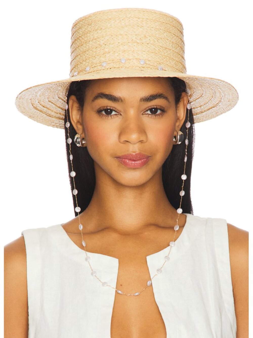 NEW Nikki Beach Blair Hat Natural Cream Straw Wide Brim Sun Fedora Pearl Chain